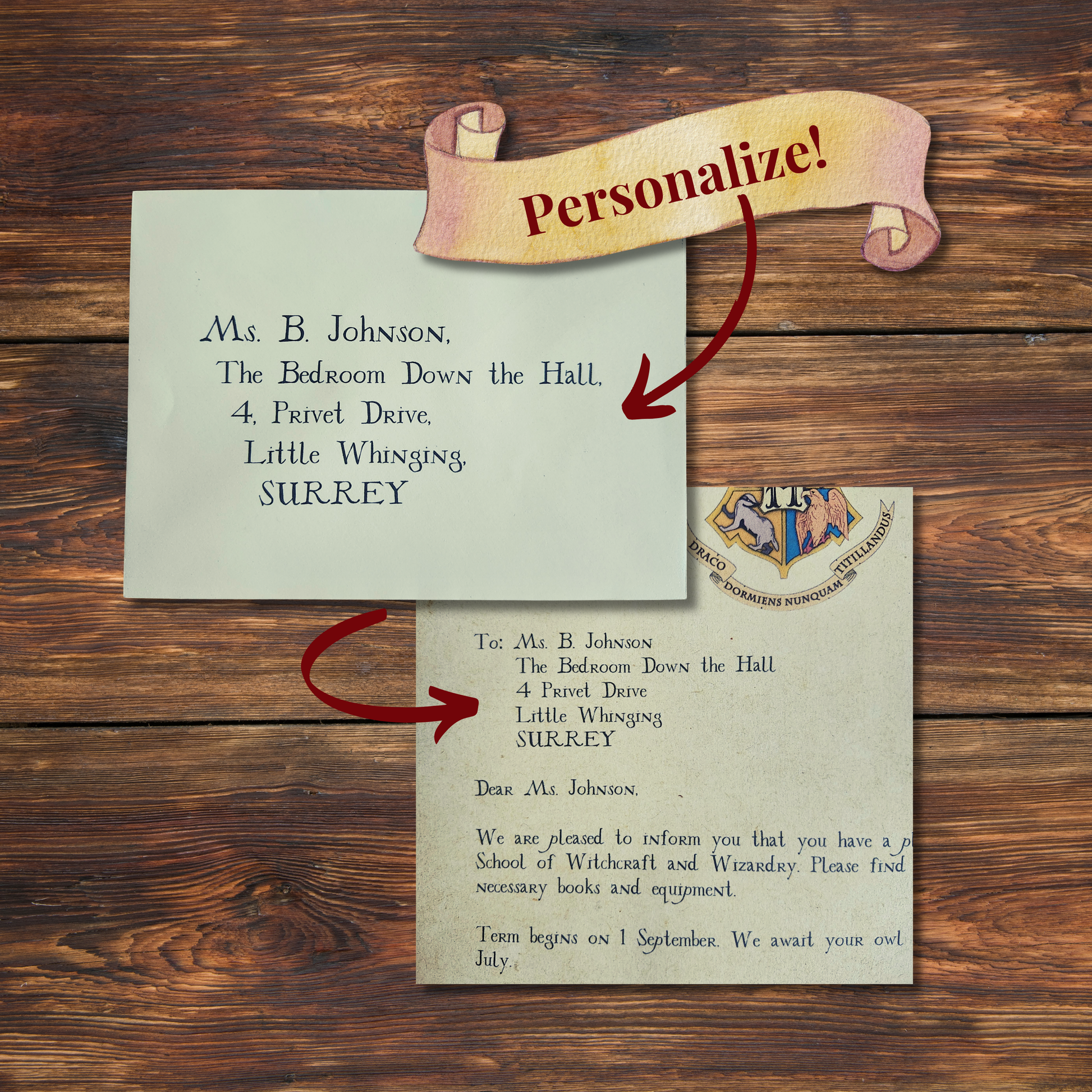 Personalized wizard school acceptance letter set with printed envelope, train ticket, school supply list, class schedule, and wax seal.