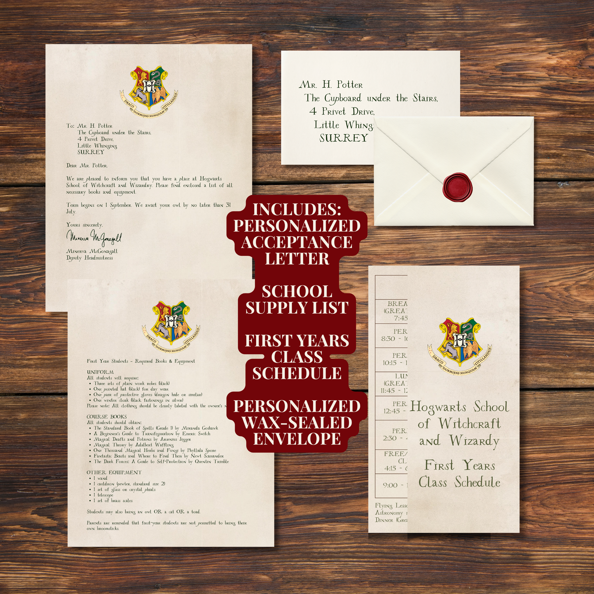 Personalized wizard school acceptance letter set with printed envelope, train ticket, school supply list, class schedule, and wax seal.
