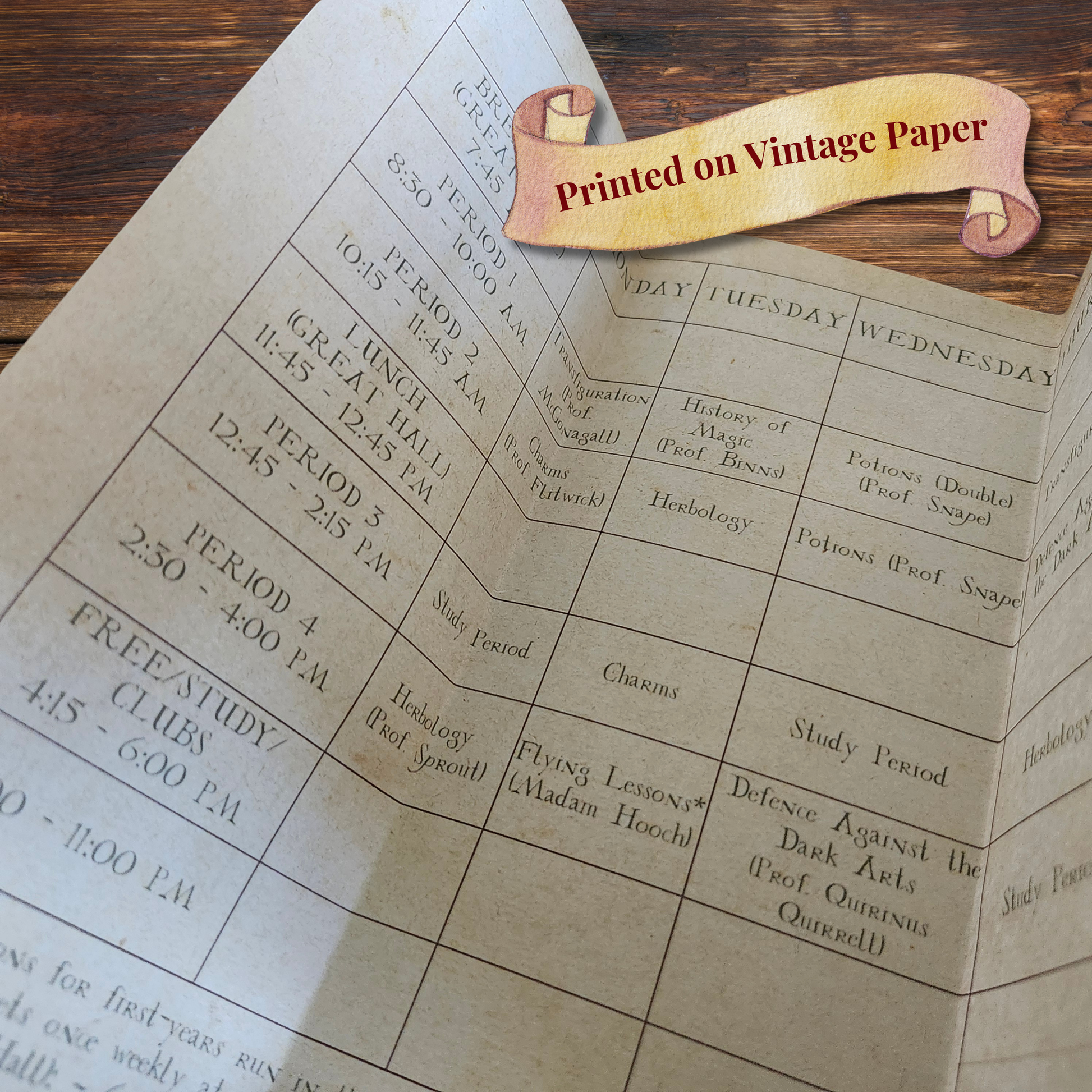 Personalized wizard school acceptance letter set with printed envelope, train ticket, school supply list, class schedule, and wax seal.